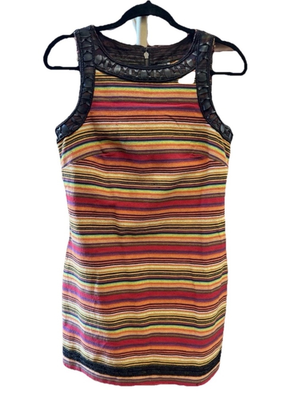 VTG Free People Serape Striped Sleeveless Knit Dress with Embellished Trim Sz M